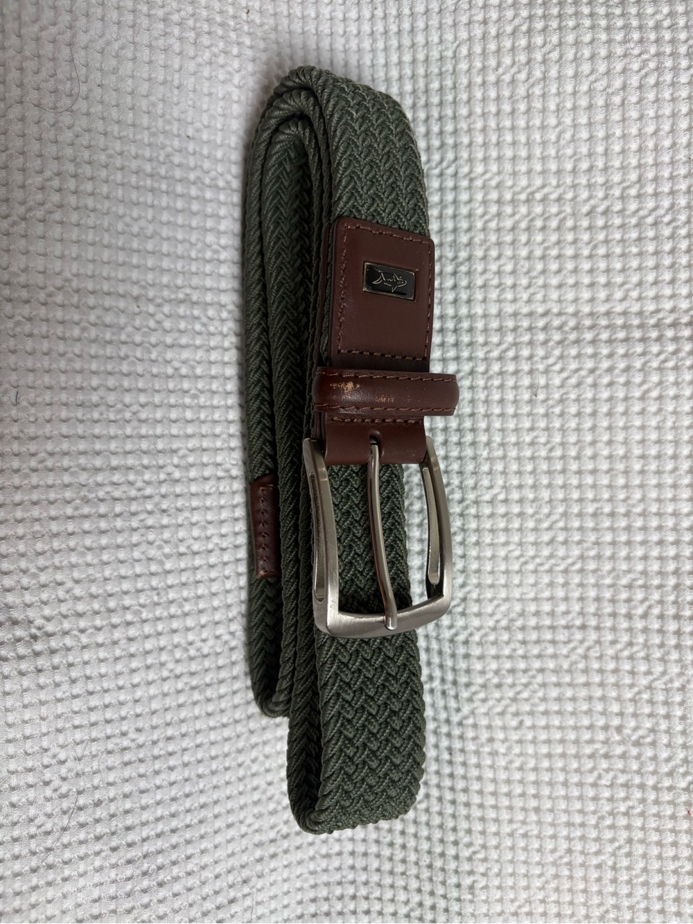 Greg Norman Men's Olive Woven Golf Belt with Brown Leather Trim